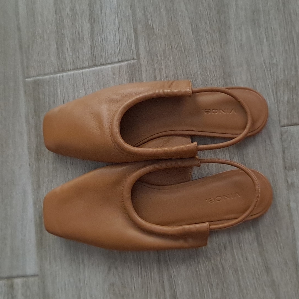 Vince Tan Leather Square-Toe Slingback Flats